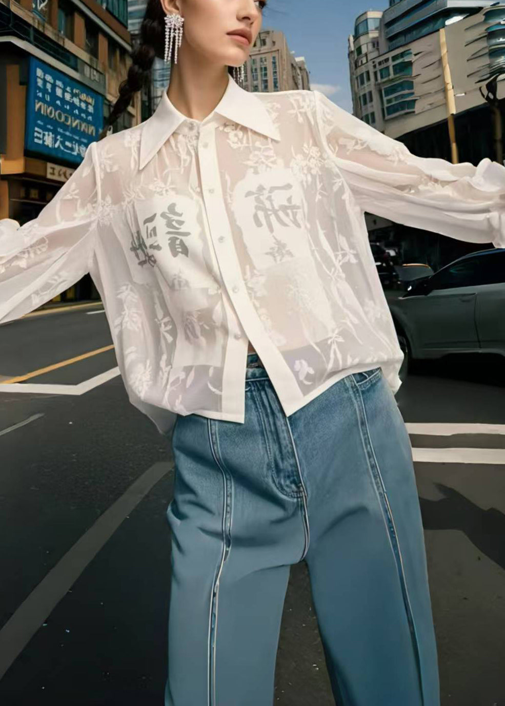 Bohemian White Print Chiffon UPF 50+ Shirts Spring