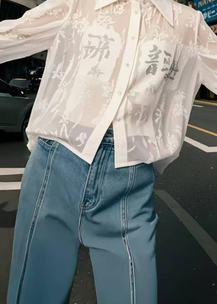 Bohemian White Print Chiffon UPF 50+ Shirts Spring