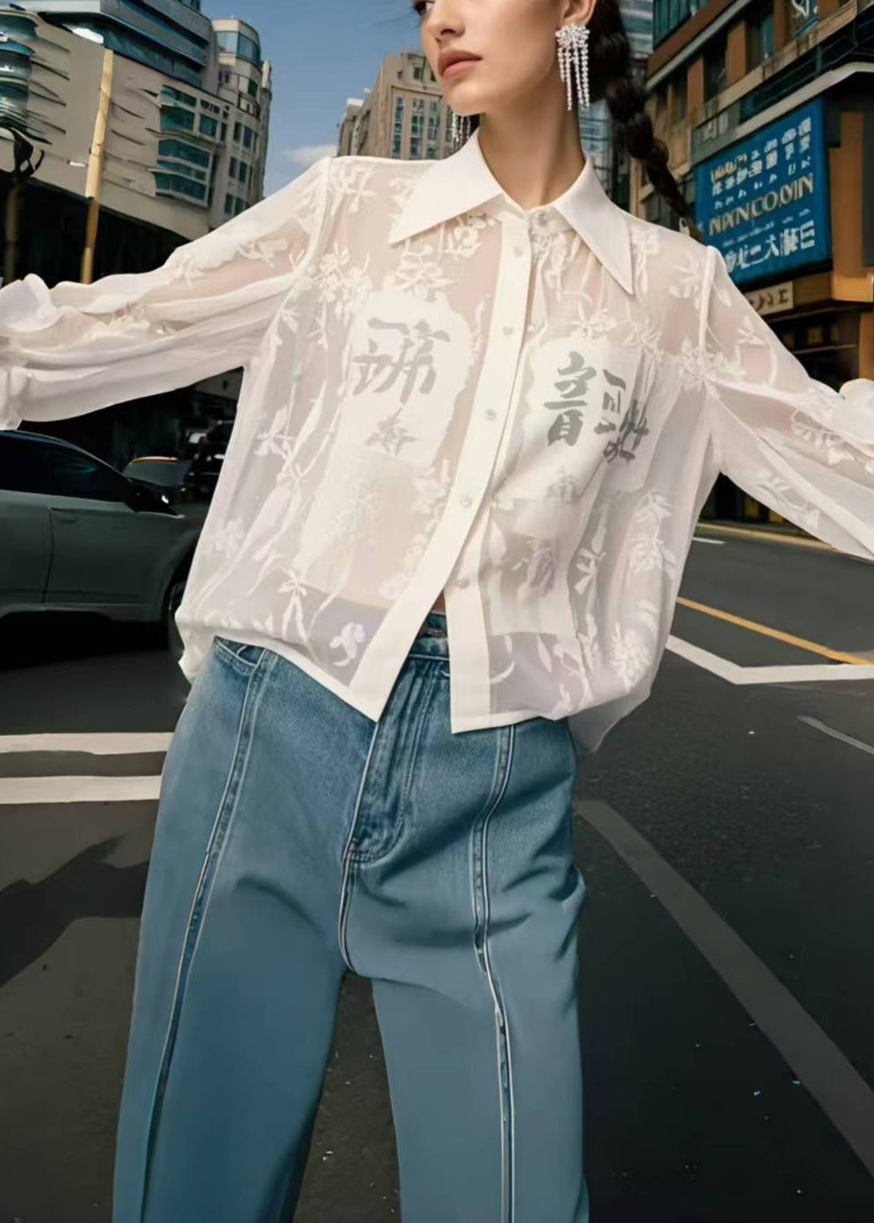 Bohemian White Print Chiffon UPF 50+ Shirts Spring