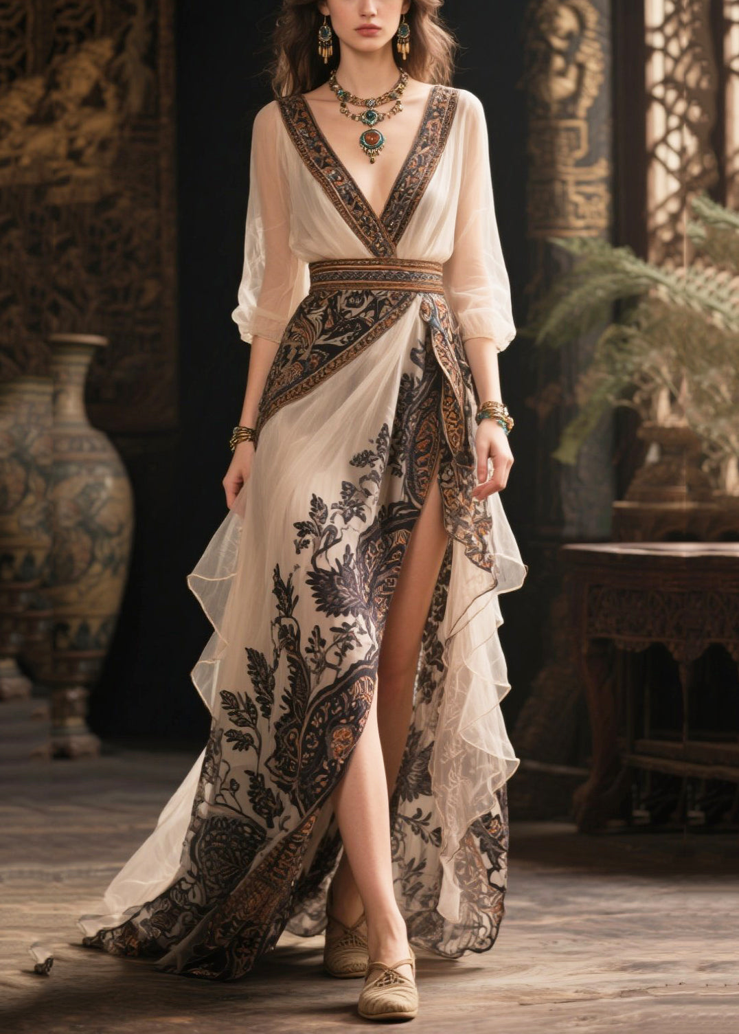 Bohemian White Print Exra Large Hem Chiffon Holiday Dresses Summer