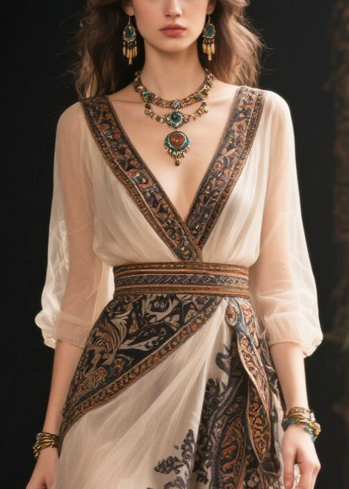 Bohemian White Print Exra Large Hem Chiffon Holiday Dresses Summer