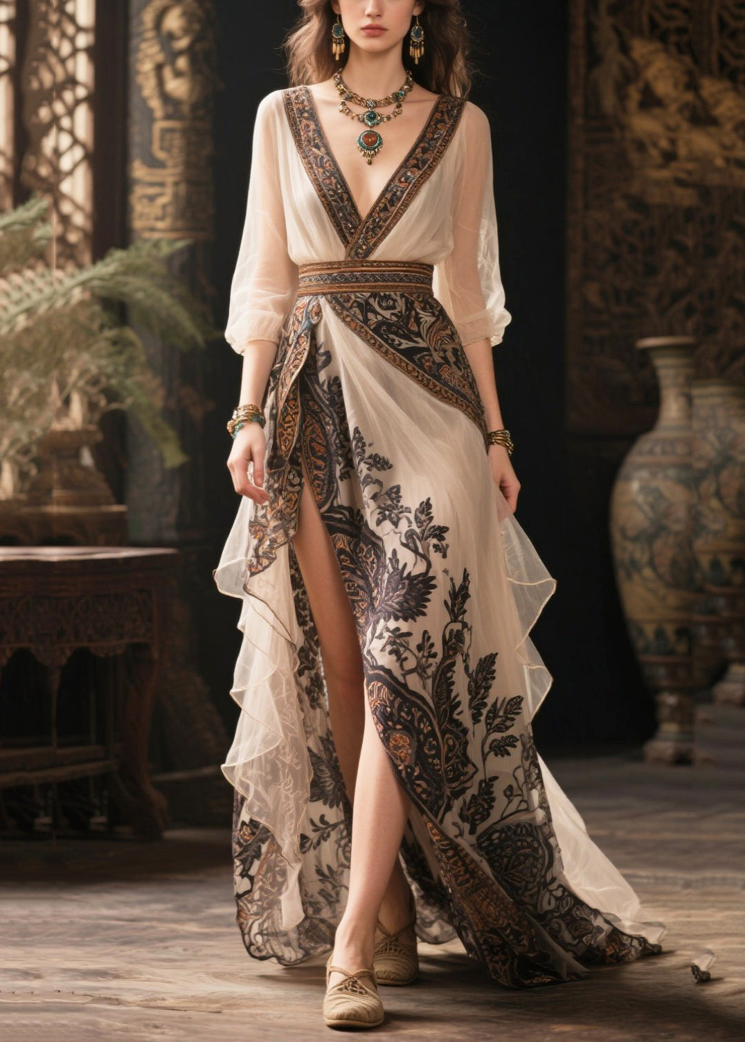 Bohemian White Print Exra Large Hem Chiffon Holiday Dresses Summer