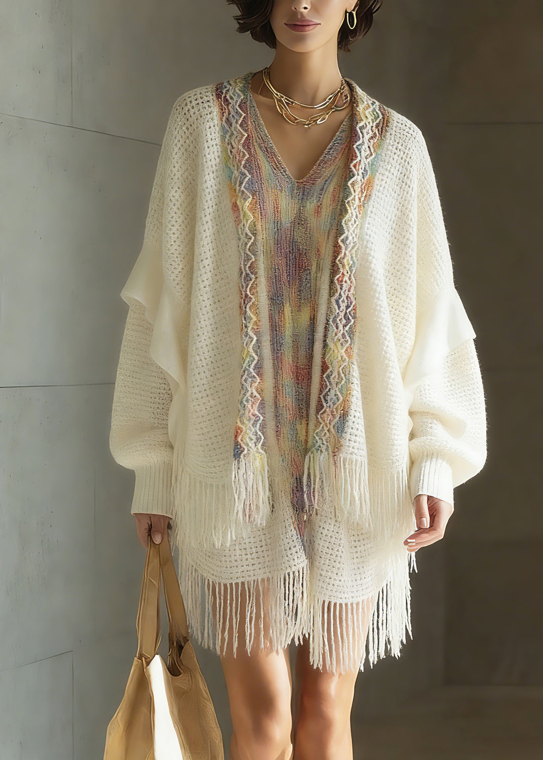 Bohemian White Print Patchwork Tassel Knit Cardigan Spring - Omychic