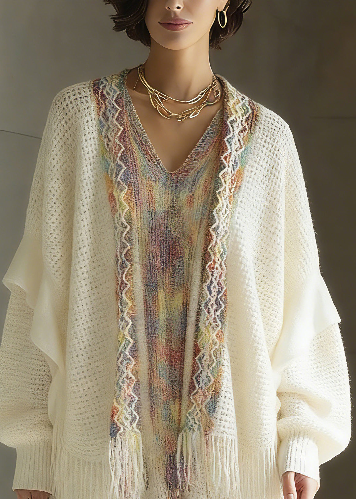 Bohemian White Print Patchwork Tassel Knit Cardigan Spring - Omychic