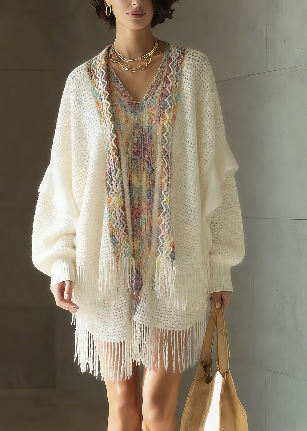 Bohemian White Print Patchwork Tassel Knit Cardigan Spring - Omychic