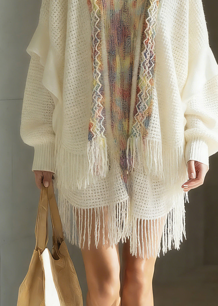 Bohemian White Print Patchwork Tassel Knit Cardigan Spring - Omychic