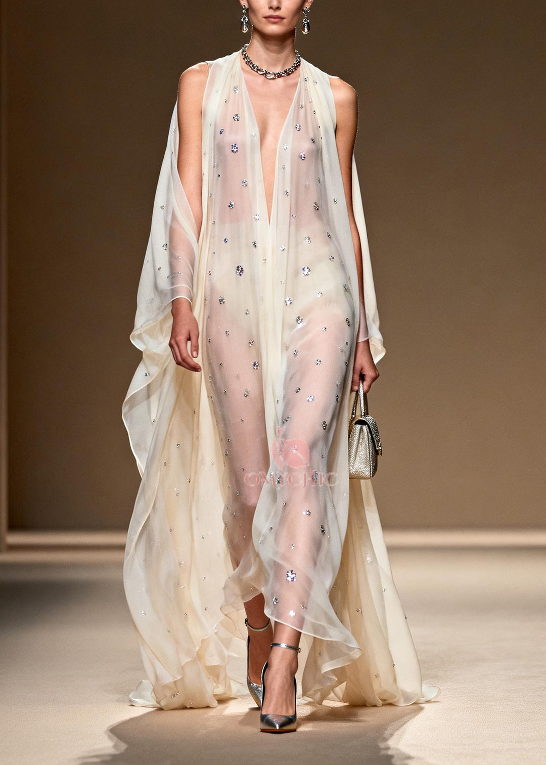 Bohemian White Rhinestone Cold Shoulder Chiffon Sheer Dress Summer