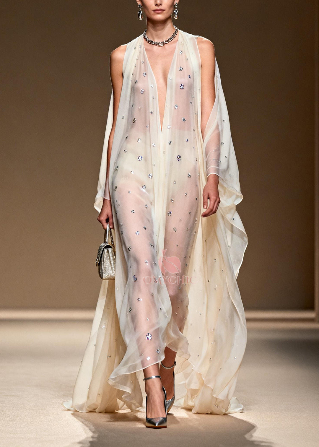 Bohemian White Rhinestone Cold Shoulder Chiffon Sheer Dress Summer