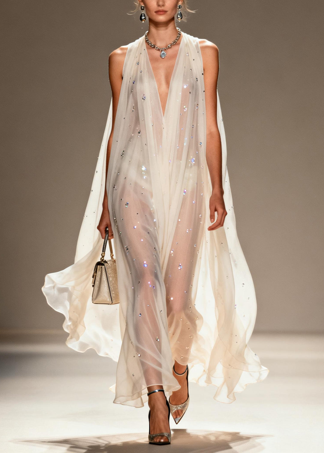 Bohemian White Rhinestone Draping Chiffon Sheer Dress Sleeveless