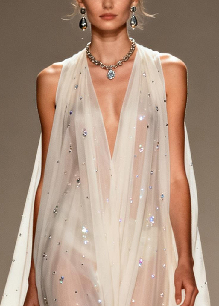 Bohemian White Rhinestone Draping Chiffon Sheer Dress Sleeveless