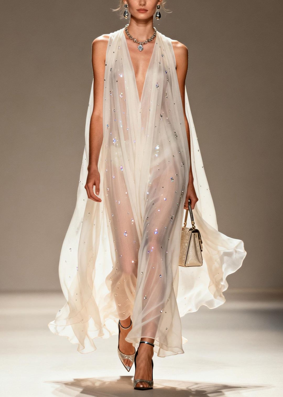 Bohemian White Rhinestone Draping Chiffon Sheer Dress Sleeveless
