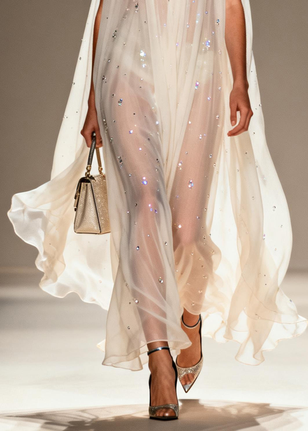 Bohemian White Rhinestone Draping Chiffon Sheer Dress Sleeveless