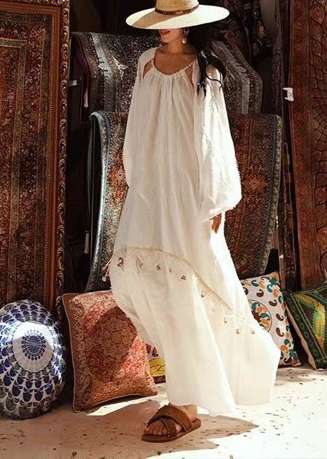 Bohemian White Tasseled Hollow Out Cotton Holiday Dress Spring