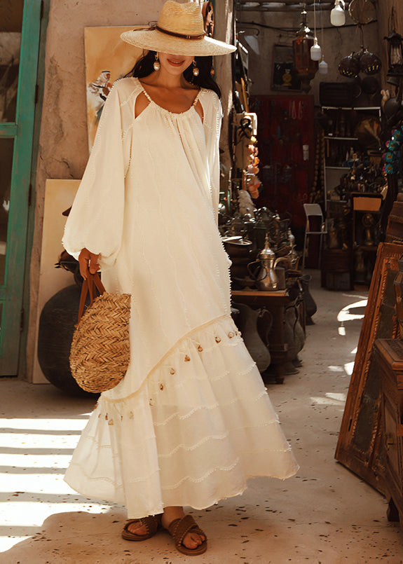 Bohemian White Tasseled Hollow Out Cotton Holiday Dress Spring