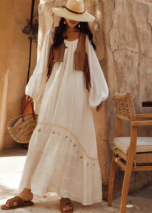 Bohemian White Tasseled Hollow Out Cotton Holiday Dress Spring