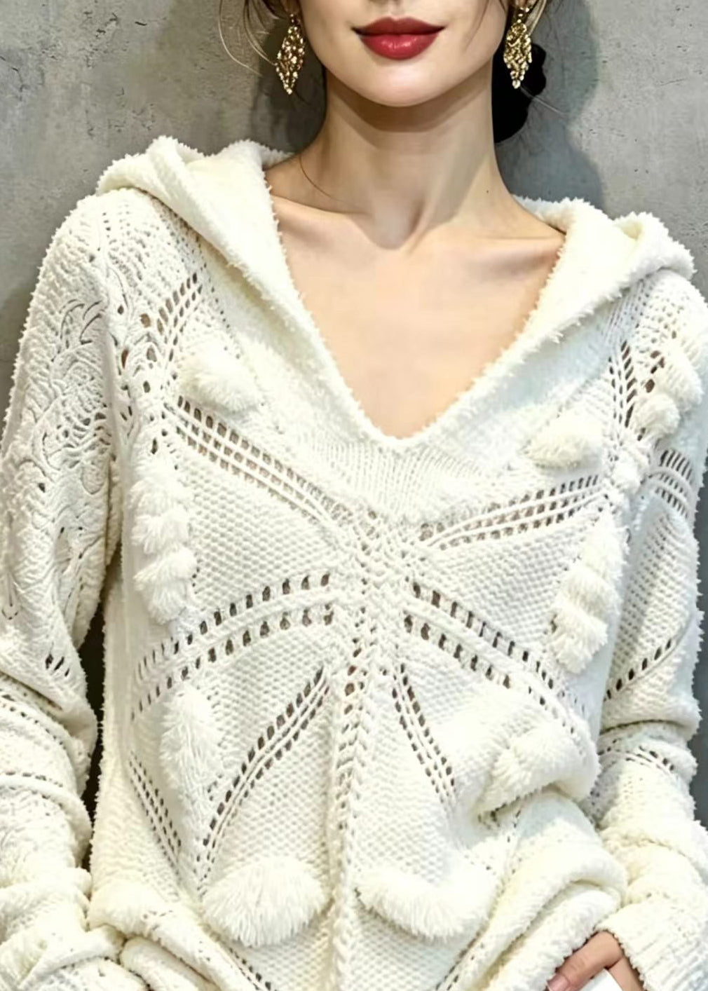 Bohemian White V Neck Hooded Knit Sweater Tops Fall