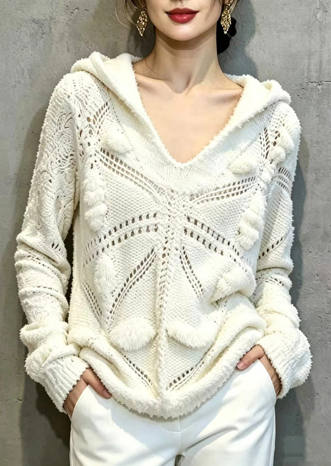 Bohemian White V Neck Hooded Knit Sweater Tops Fall