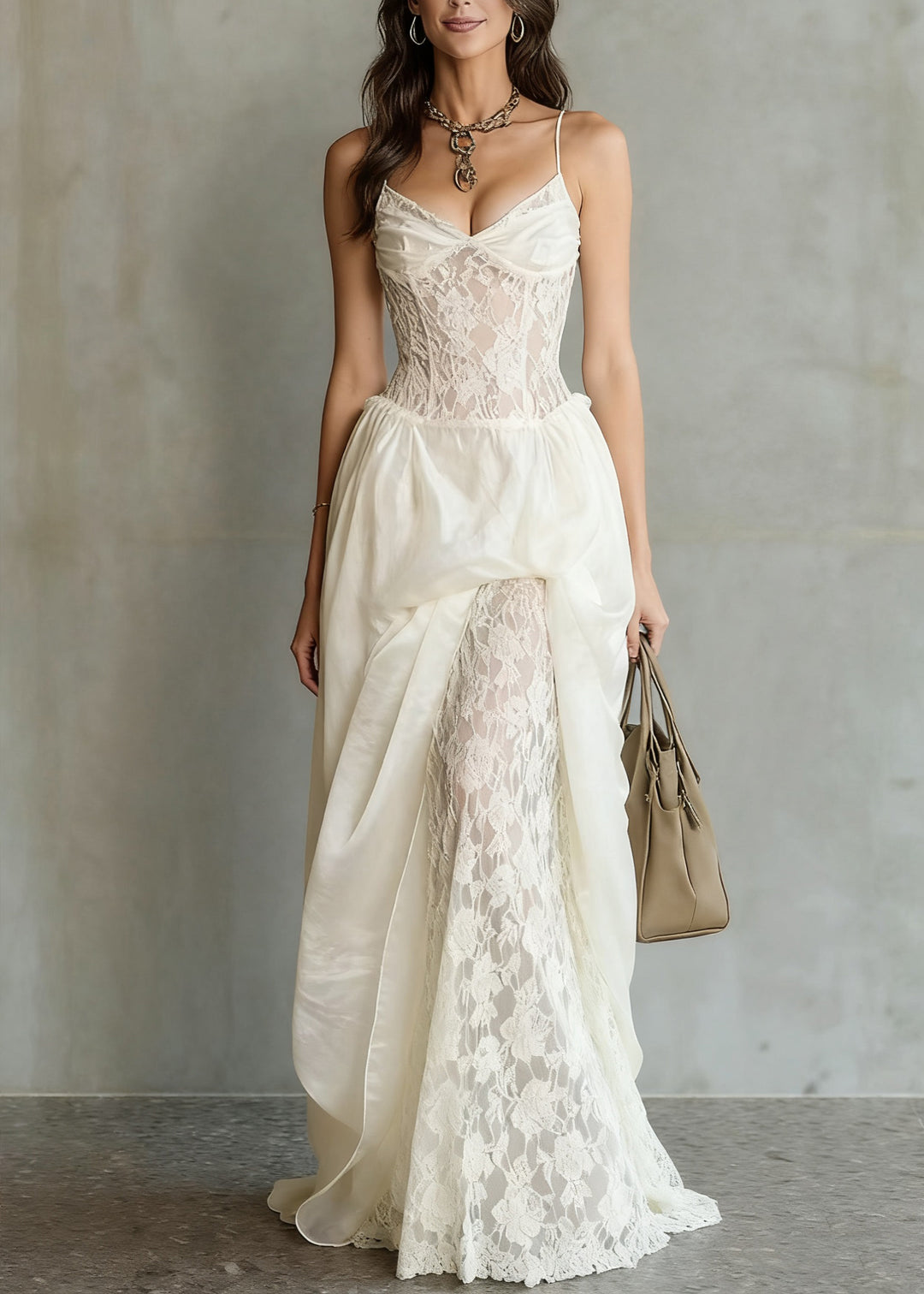 Bohemian White V Neck Lace Patchwork Spaghetti Strap Dress Sleeveless