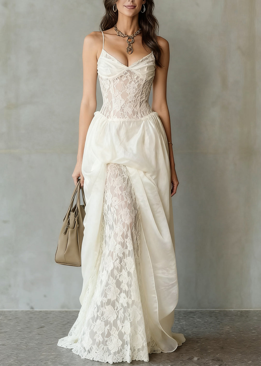 Bohemian White V Neck Lace Patchwork Spaghetti Strap Dress Sleeveless