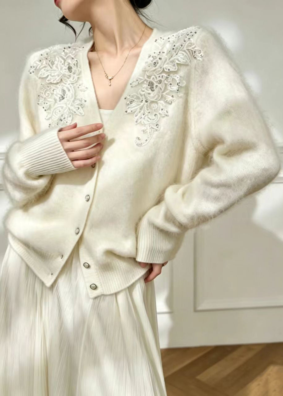 Bohemian White V Neck Nail Bead Knitted Cotton Thread Cardigan Fall