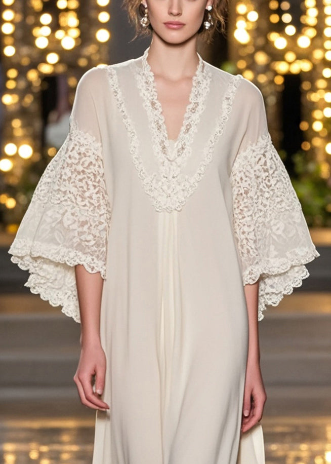 Bohemian White V Neck Patchwork Lace Ankle Dress Flare Sleeve - Omychic
