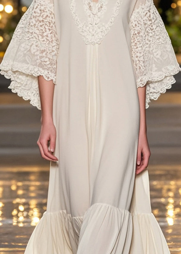 Bohemian White V Neck Patchwork Lace Ankle Dress Flare Sleeve - Omychic