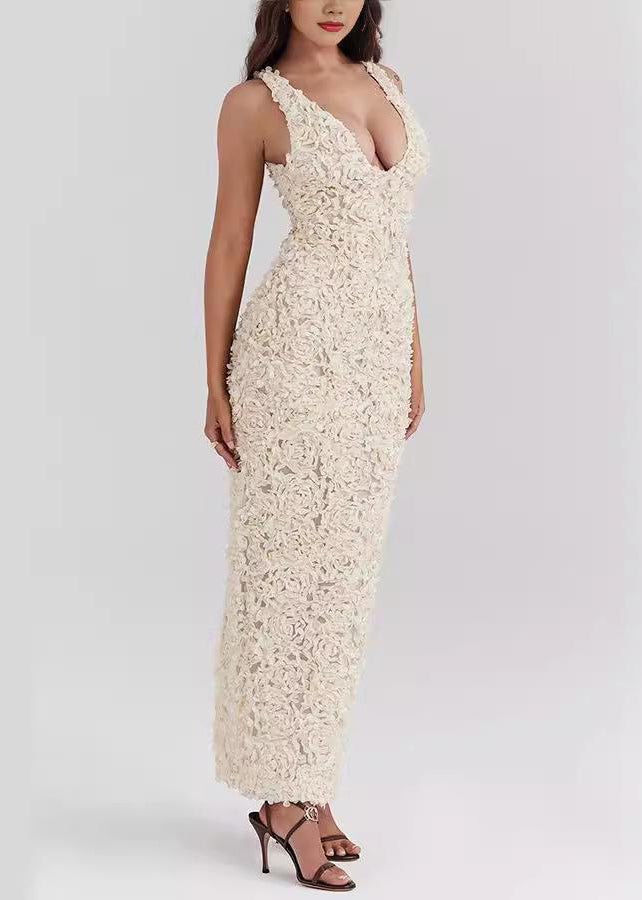Bohemian White V Neck Side Open Ankle Dress Sleeveless