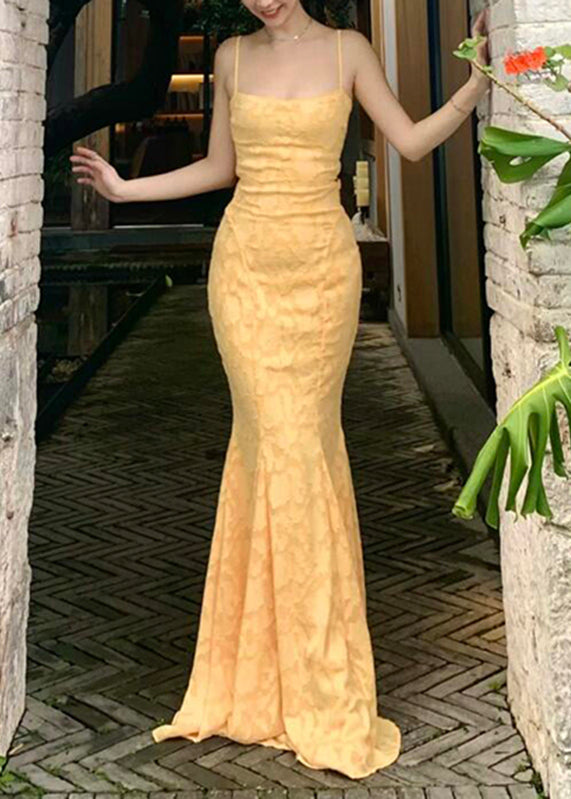 Bohemian Yellow Backless Lace Maxi Spaghetti Strap FishTail Dress Sleeveless
