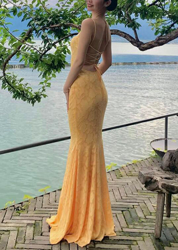 Bohemian Yellow Backless Lace Maxi Spaghetti Strap FishTail Dress Sleeveless