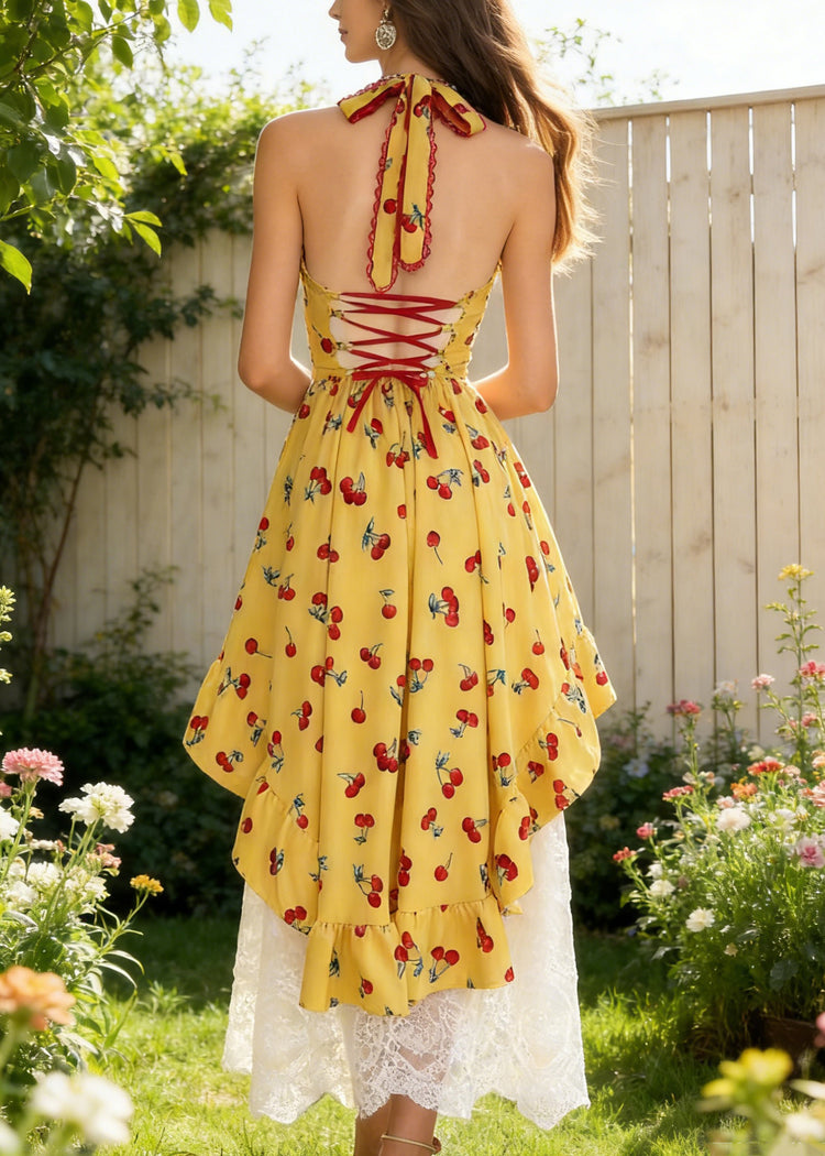 Bohemian Yellow Backless Print Spaghetti Strap Dress And White Lace Skirt Cotton Two Piece Set Sleeveless - Omychic