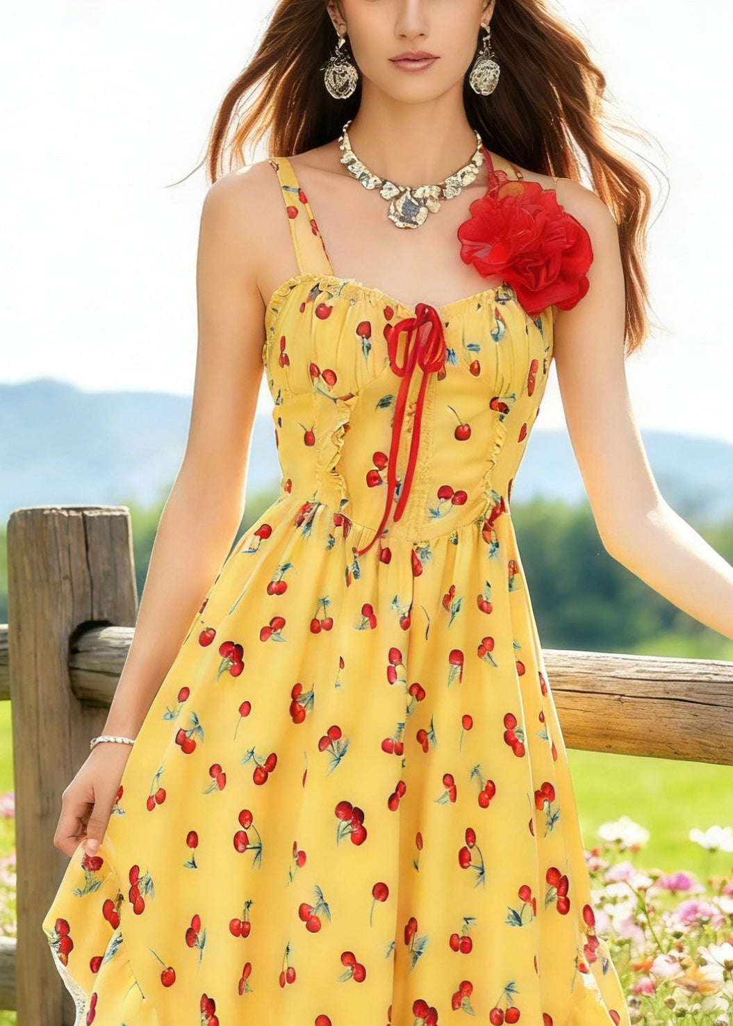 Bohemian Yellow Backless Print Spaghetti Strap Dress And White Lace Skirt Cotton Two Piece Set Sleeveless - Omychic