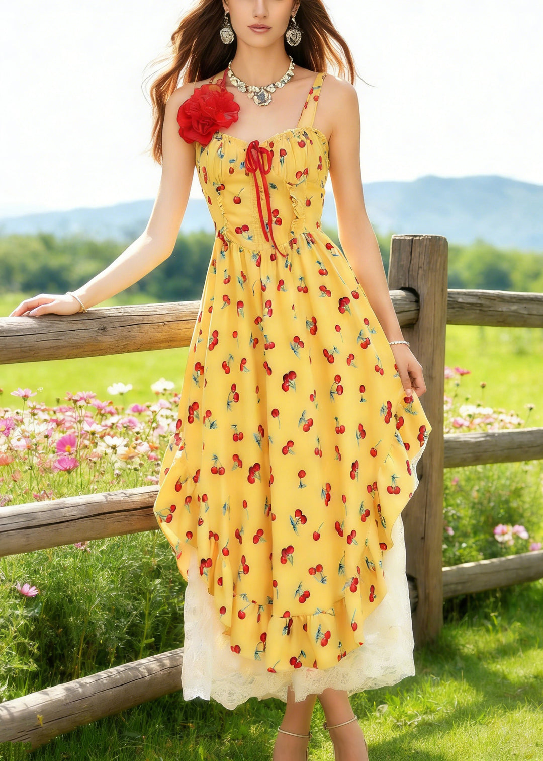 Bohemian Yellow Backless Print Spaghetti Strap Dress And White Lace Skirt Cotton Two Piece Set Sleeveless - Omychic