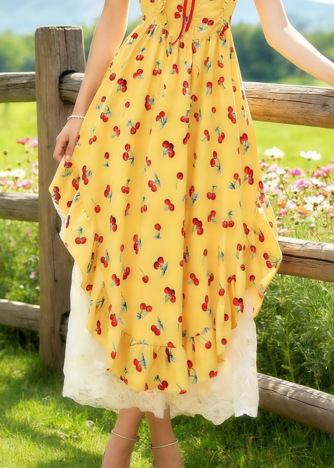 Bohemian Yellow Backless Print Spaghetti Strap Dress And White Lace Skirt Cotton Two Piece Set Sleeveless - Omychic