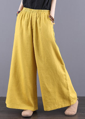 Bohemian Yellow Elastic Waist Pockets Linen Pants Summer