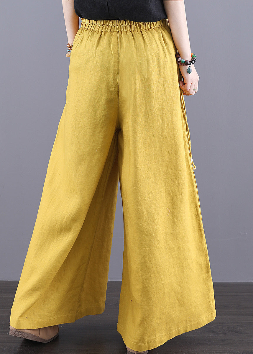 Bohemian Yellow Elastic Waist Pockets Linen Pants Summer
