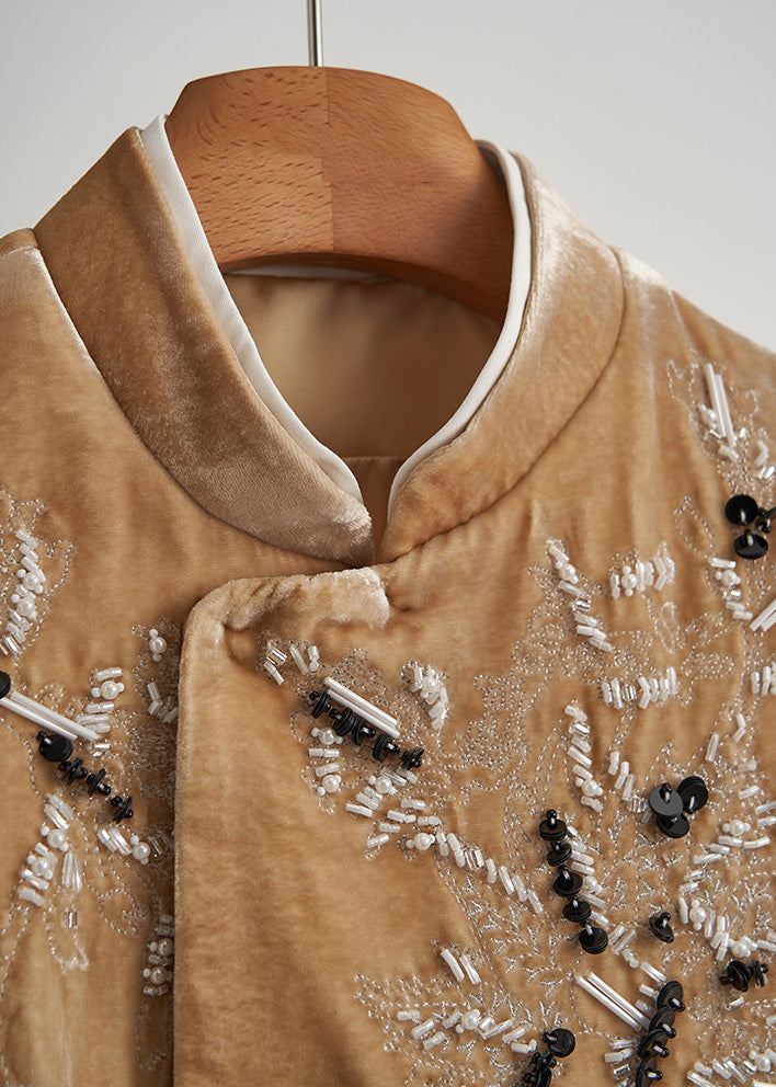 Bohemian Yellow Embroidered Nail Bead Silk Velour Vests Fall