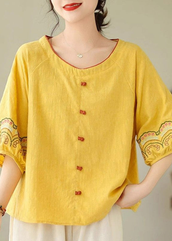 Bohemian Yellow Embroidered Shirt Half Sleeve