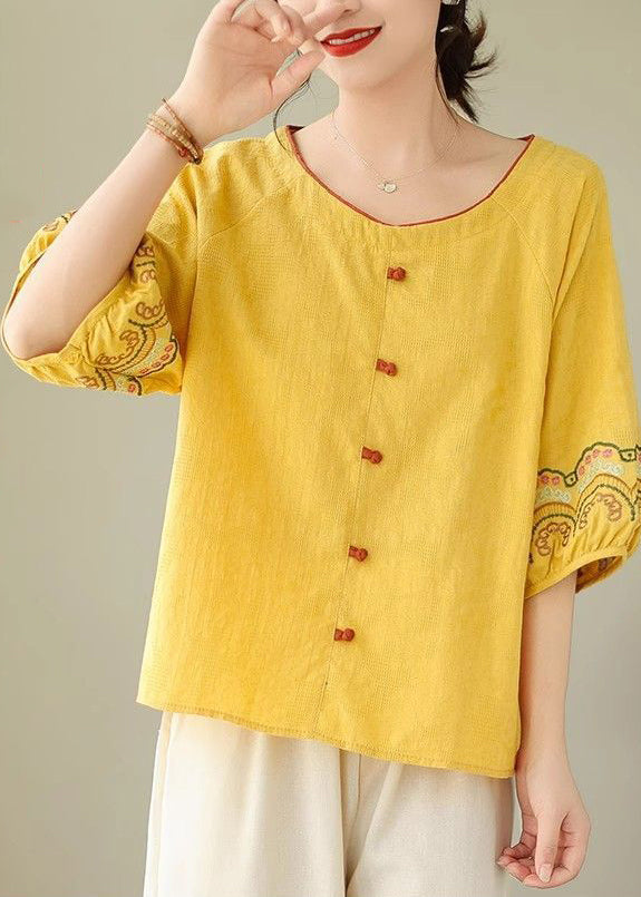 Bohemian Yellow Embroidered Shirt Half Sleeve