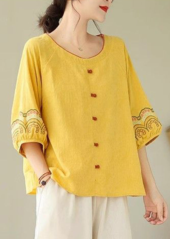 Bohemian Yellow Embroidered Shirt Half Sleeve