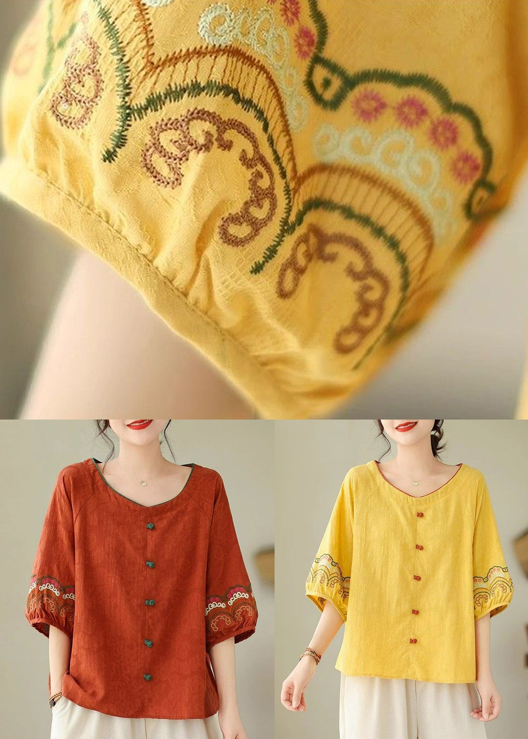Bohemian Yellow Embroidered Shirt Half Sleeve
