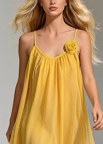 Bohemian Yellow Floral Decorated Draping Chiffon Maxi Dresses Summer