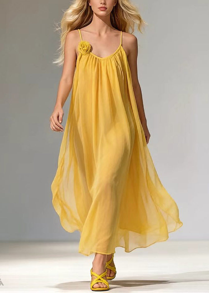 Bohemian Yellow Floral Decorated Draping Chiffon Maxi Dresses Summer