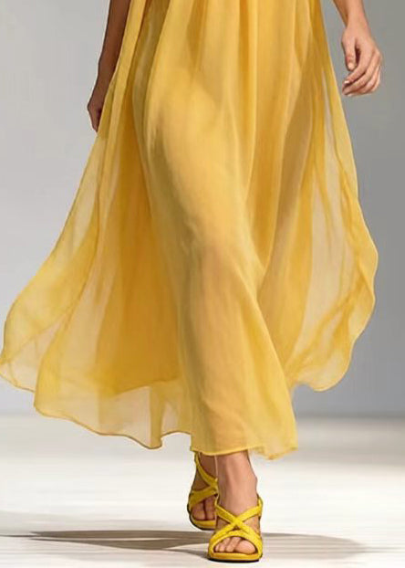 Bohemian Yellow Floral Decorated Draping Chiffon Maxi Dresses Summer