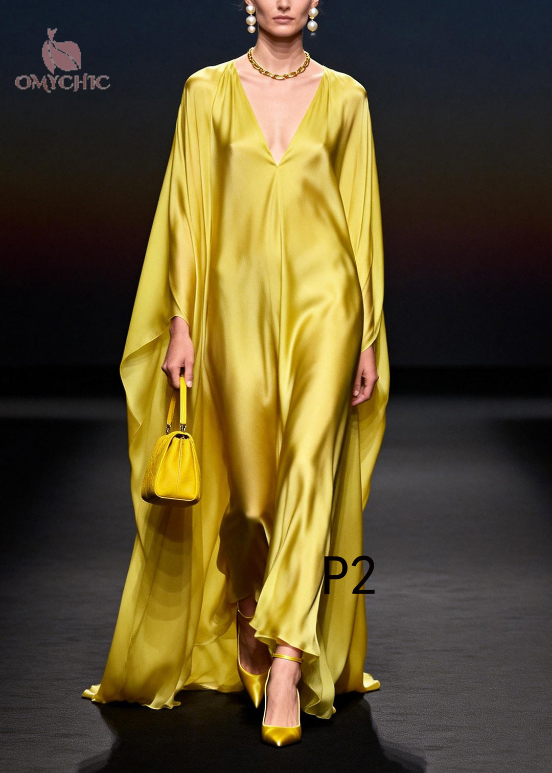 Bohemian Yellow Oversized Chiffon Vacation Dresses Batwing Sleeve