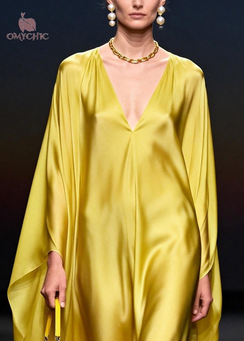 Bohemian Yellow Oversized Chiffon Vacation Dresses Batwing Sleeve