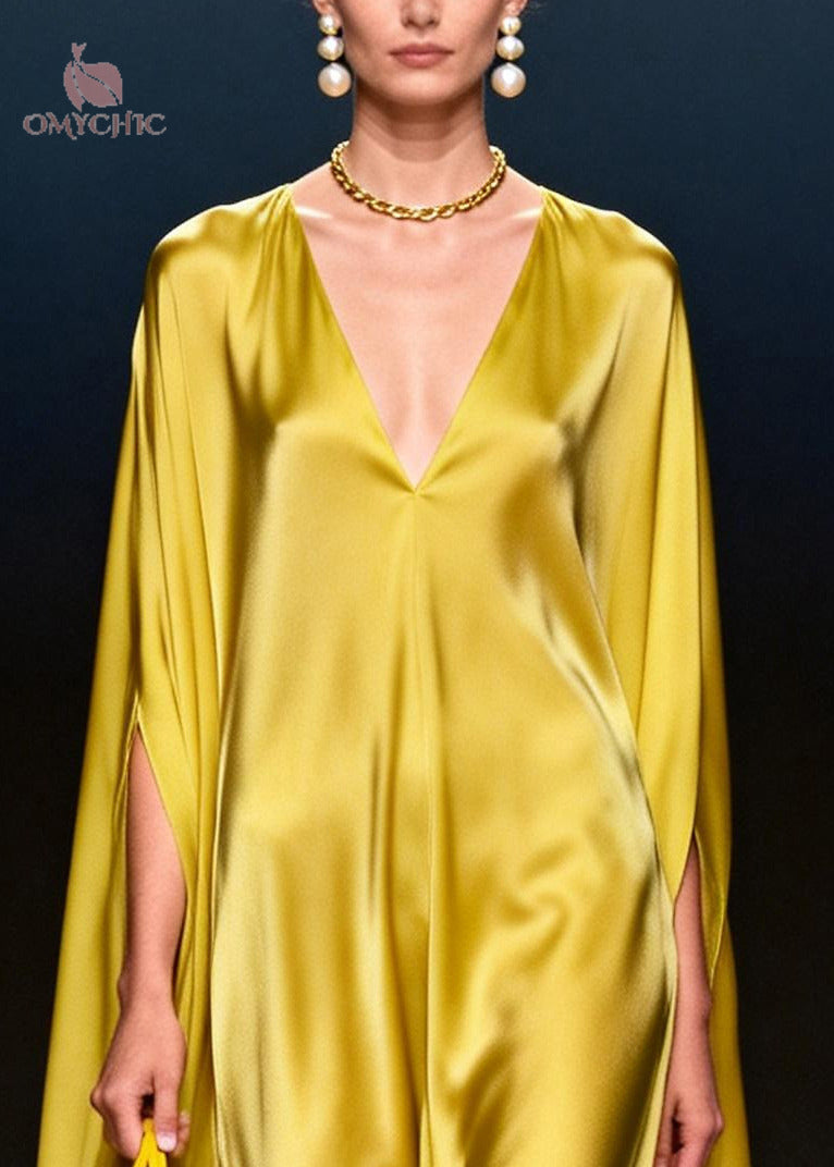 Bohemian Yellow Oversized Chiffon Vacation Dresses Batwing Sleeve