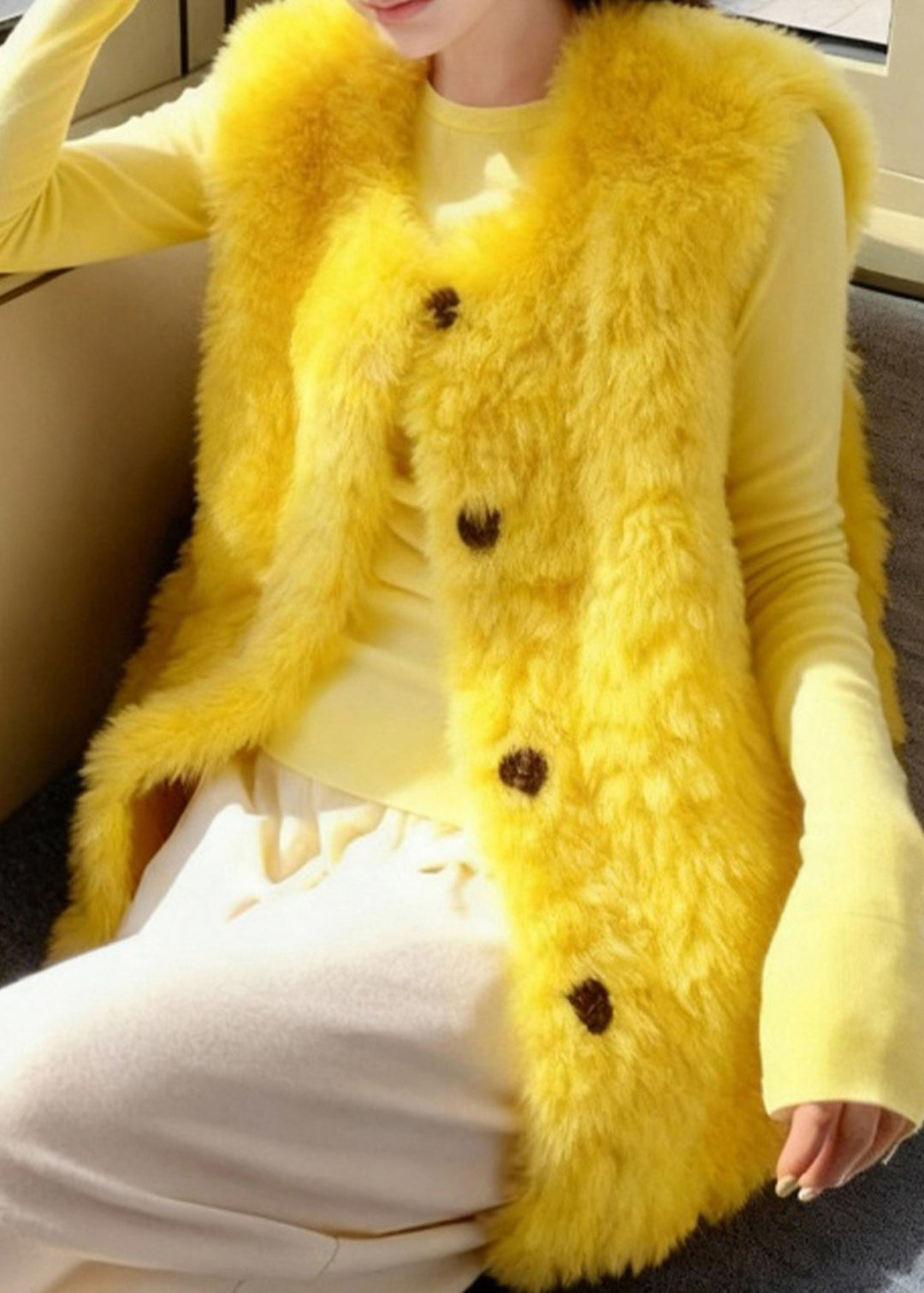 Bohemian Yellow Oversized Fuzzy Fur Fluffy Vests Winter