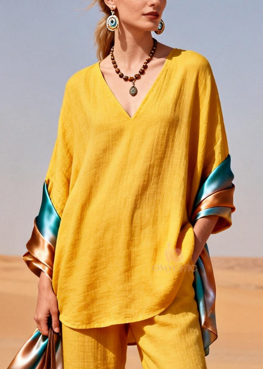 Bohemian Yellow Oversized Patchwork Shawl Cotton Two Piece Set Women Clothing Spring