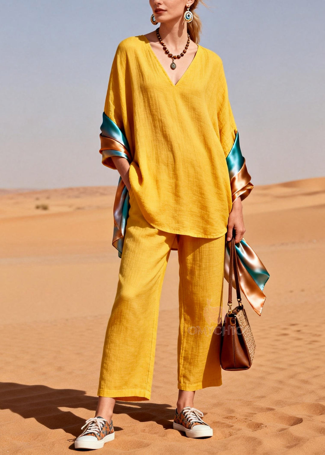 Bohemian Yellow Oversized Patchwork Shawl Cotton Two Piece Set Women Clothing Spring