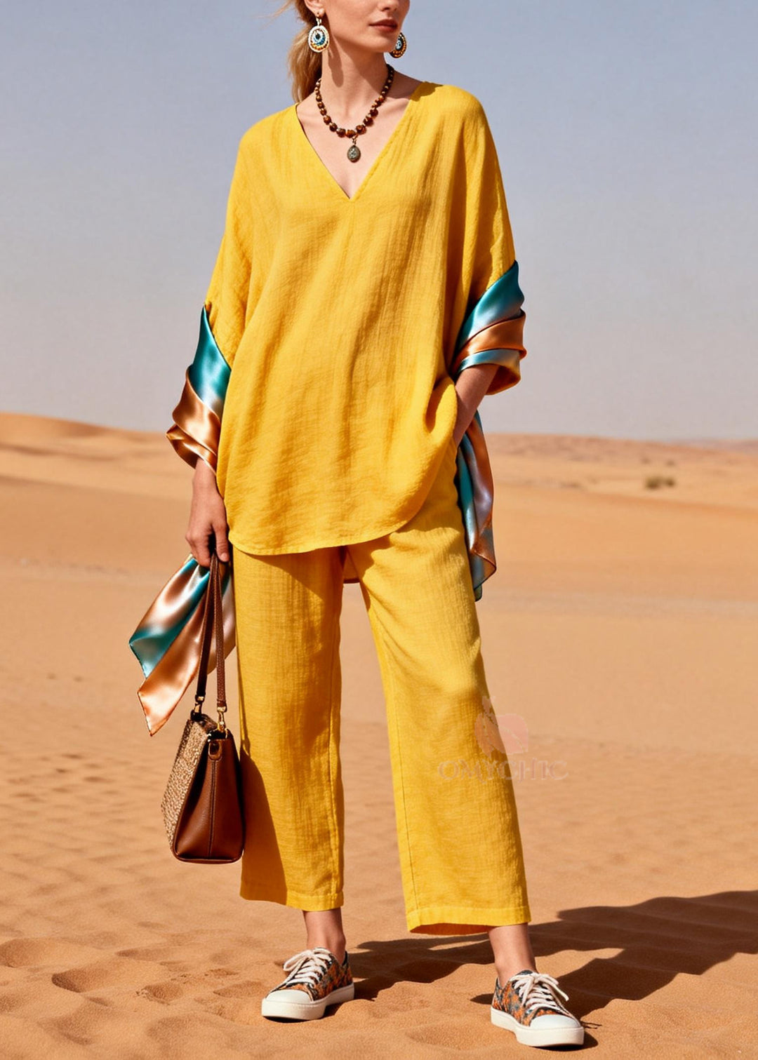 Bohemian Yellow Oversized Patchwork Shawl Cotton Two Piece Set Women Clothing Spring